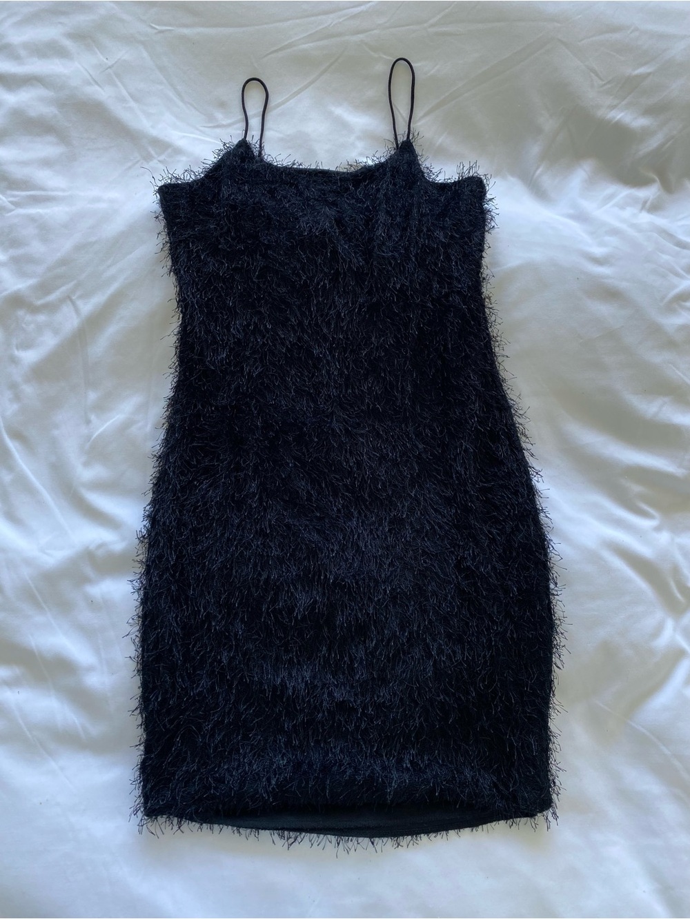 Black Fuzzy Spaghetti Strap Bodycon Dress